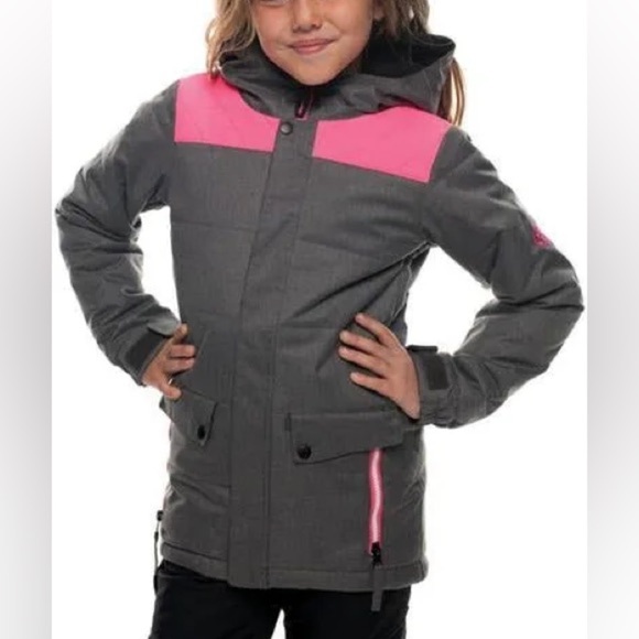 686 Girls Lily Waterproof Insulated Snow Jacket Charcoal Gray and Pink - Picture 1 of 16